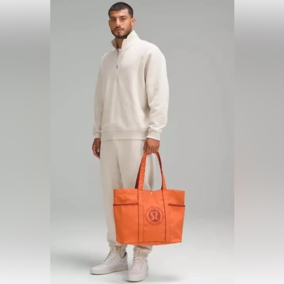 LULULEMON Athletica Orange Cotton Canvas Gym Work Multi Pocket Tote Bag 20L NWOT - Picture 9 of 9